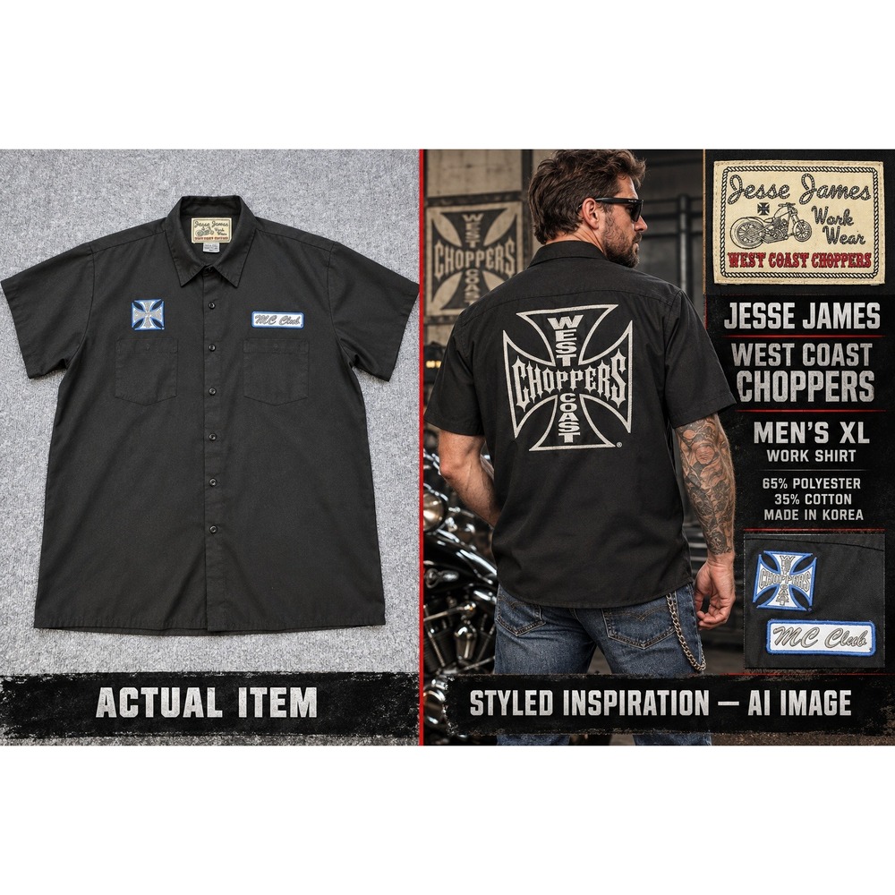 VTG West Coast Choppers Work Shirt Jesse James MC Club Embroidered Black XL Y2K